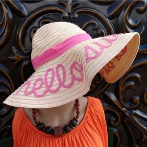 EUC ACCESSORY DEPOT X Large Paper Pink "Hello Sunshine" Shade Hat w/XL Brim